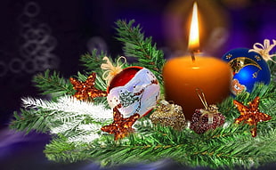 orange candle and Christmas wrreath HD wallpaper