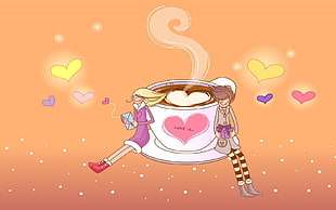 cartoon illustration of a boy and girl sitting on ceramic cup with coffee and heart background