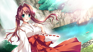 brown haired woman near body of water illustration
