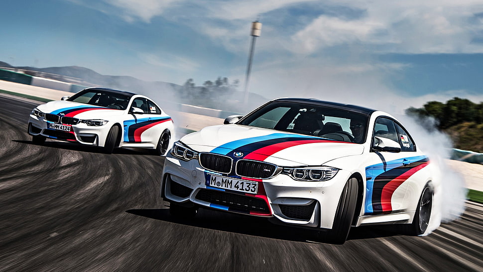 two white stock cars, BMW, M4, car, drift HD wallpaper