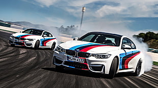 two white stock cars, BMW, M4, car, drift