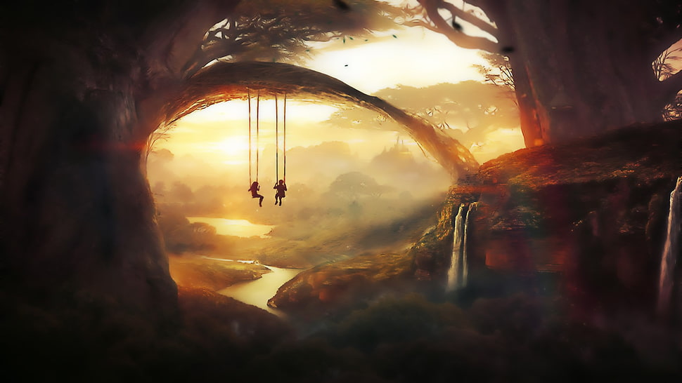 two person on swing near body of water illustration HD wallpaper