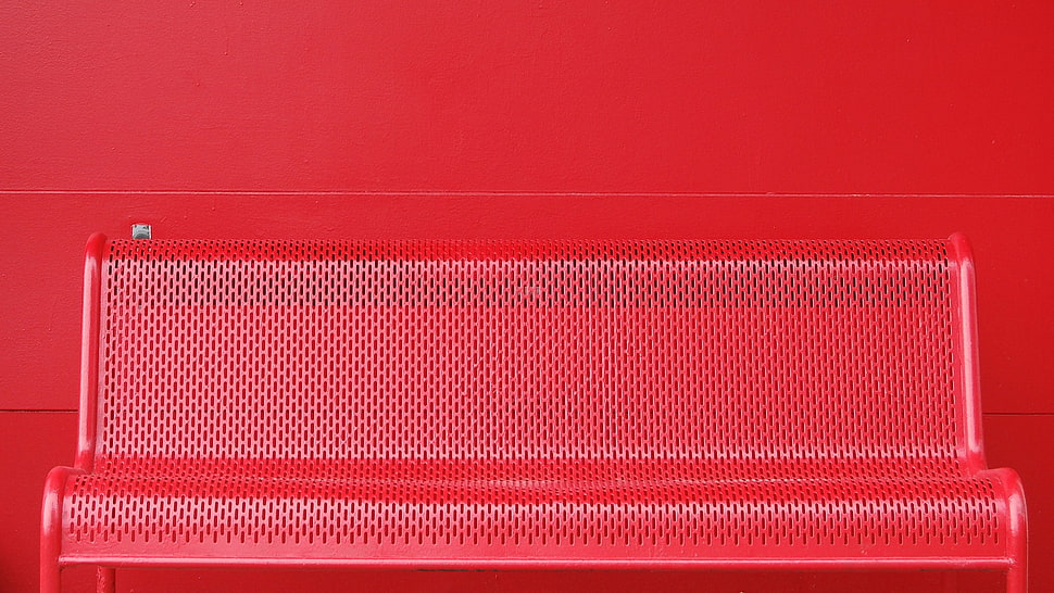 red metal bench, red, bench, wall, red wall HD wallpaper