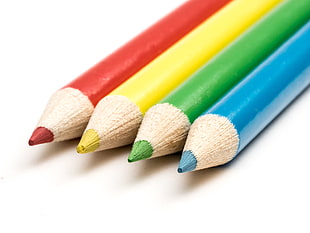 four blue, green, yellow, and red color pencils