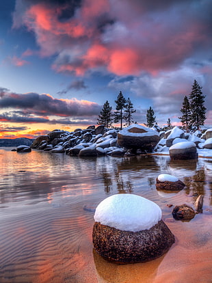 snow on stone photography, lake tahoe HD wallpaper