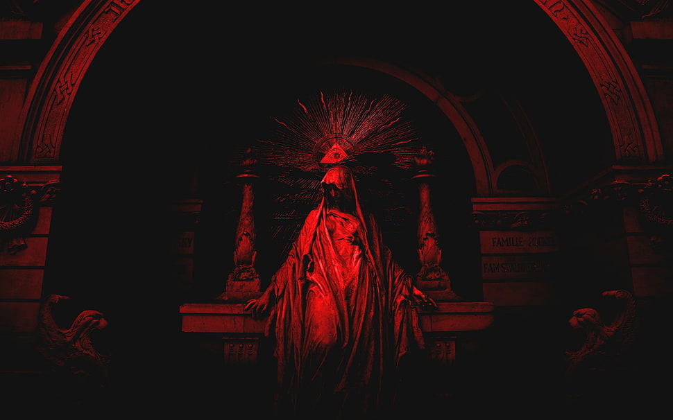 red statue digital wallpaper, statue, the all seeing eye, pyramid HD wallpaper