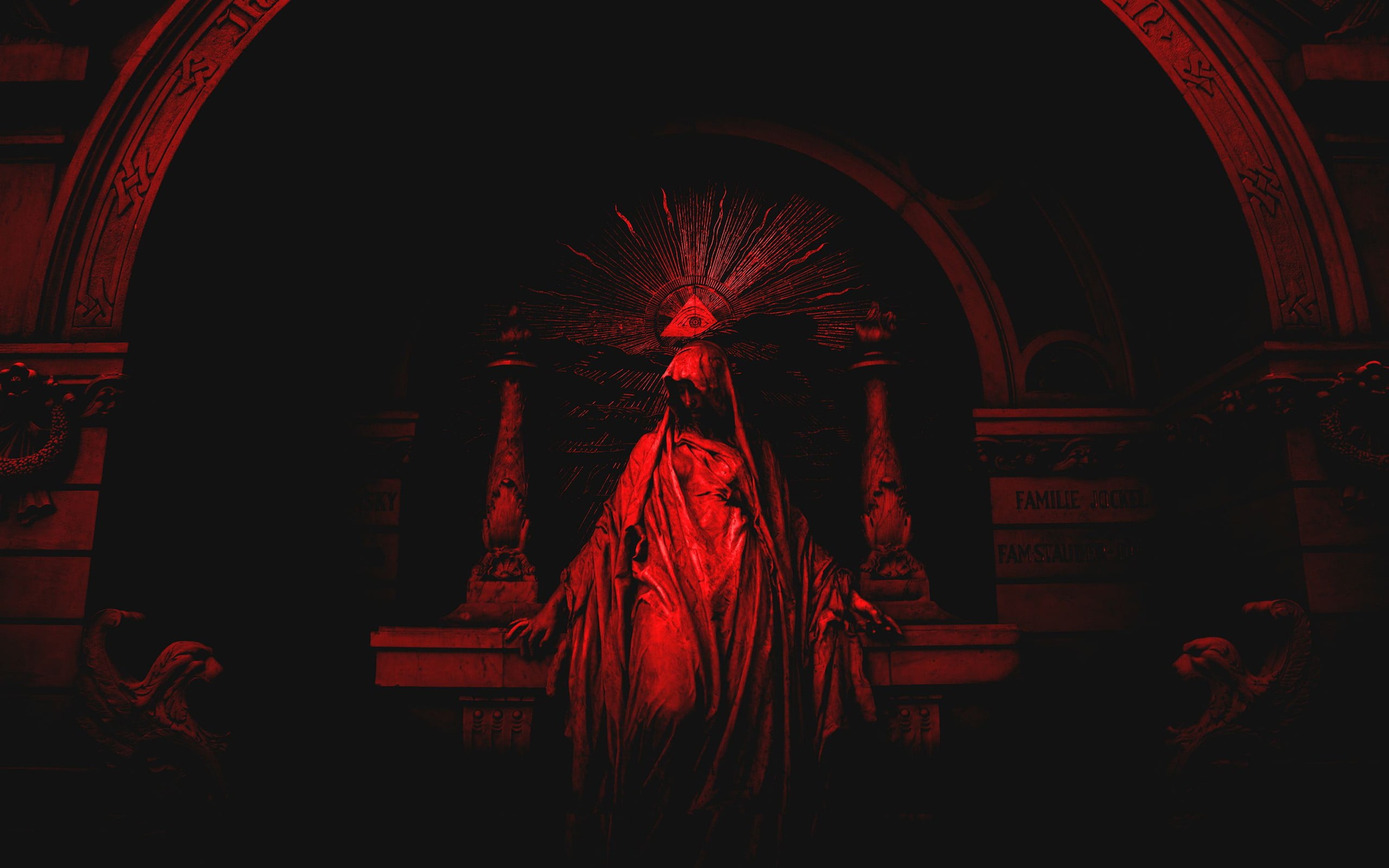red statue digital wallpaper, statue, the all seeing eye, pyramid