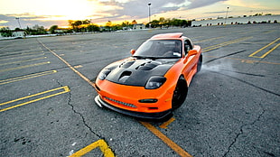 orange and black Mazda RX-7 coupe, Mazda RX-7, drift, orange, car