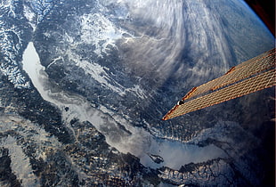 brown satellite, orbital view, space, lake, satellite HD wallpaper