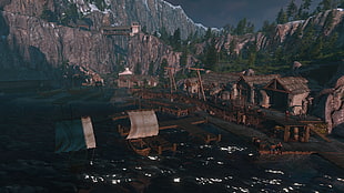 shacks and boats wallpaper, The Witcher, The Witcher 3: Wild Hunt