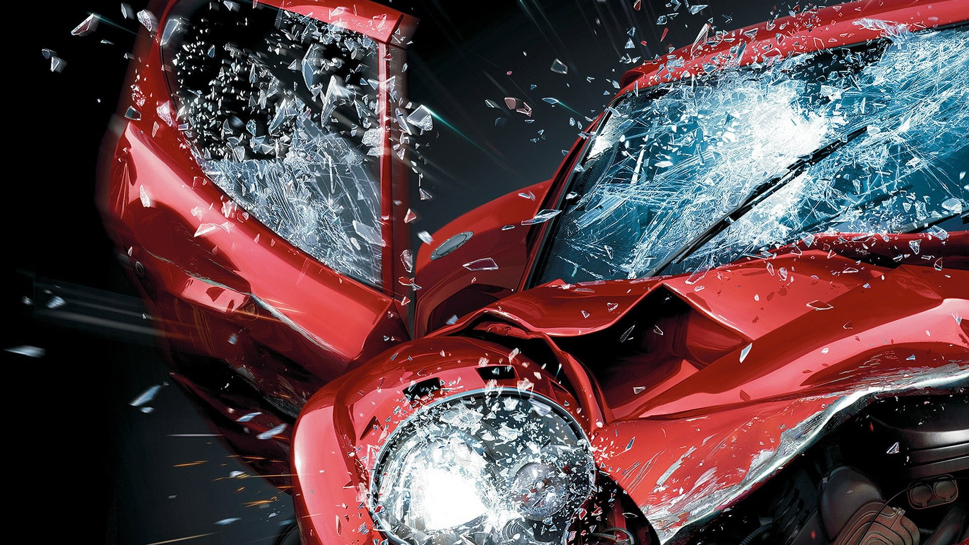 wrecked red vehicle with cracked windshield