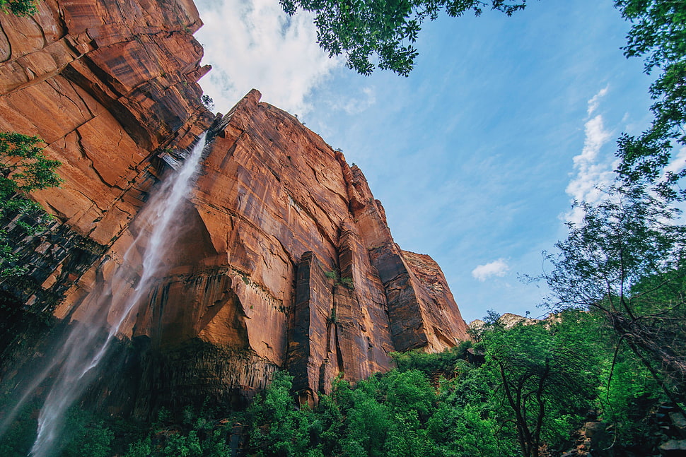 waterfalls surrounded by green trees low angle photography HD wallpaper