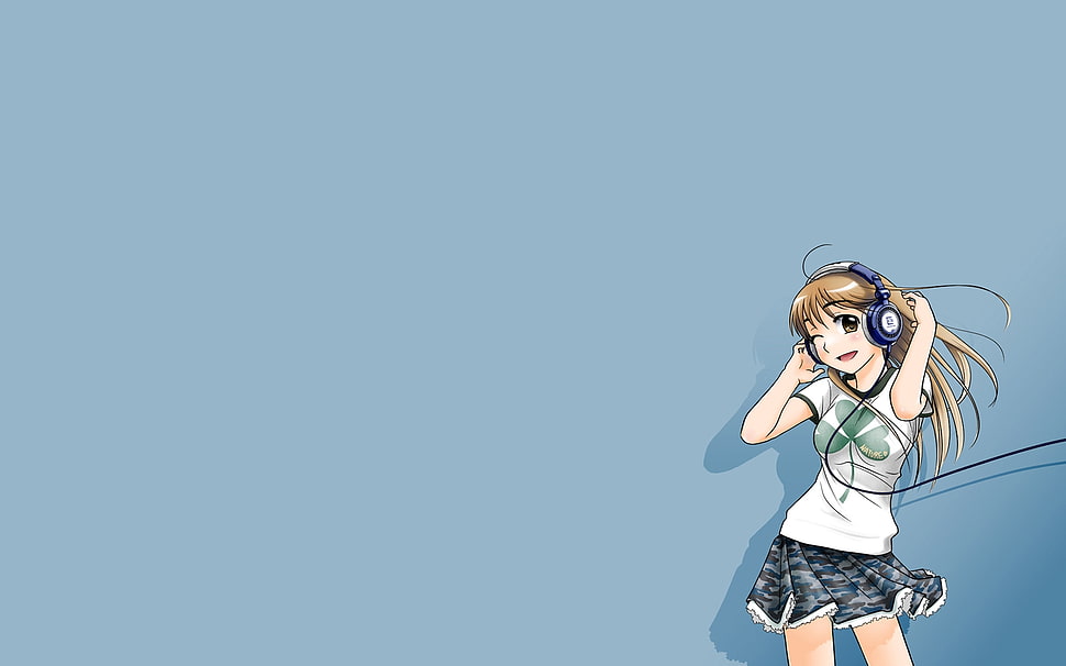 brown-haired female anime character with gray headphones HD wallpaper