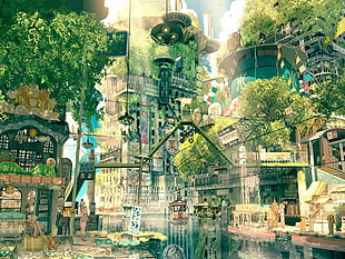 body of water surrounded by buildings artwork, digital art, Japan, fantasy art, city