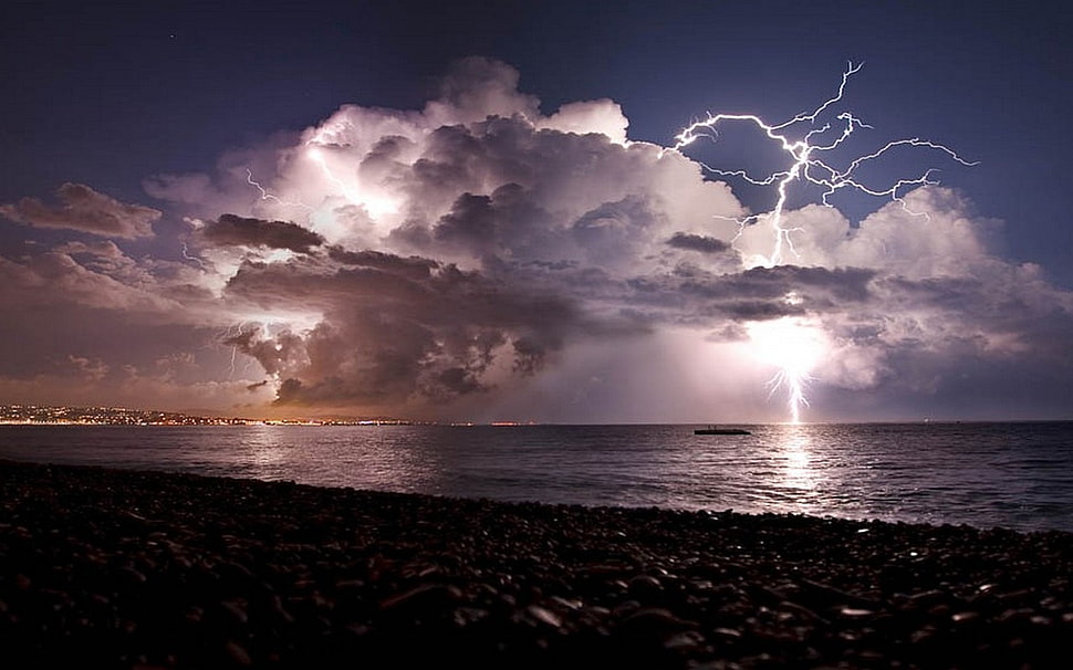 lightning bolt, beach, lightning, storm, sea HD wallpaper