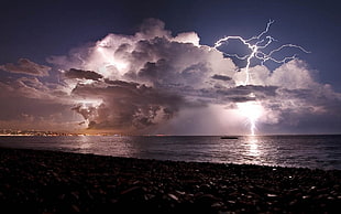 lightning bolt, beach, lightning, storm, sea HD wallpaper