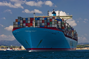 blue shipment container ship, container ship, ship