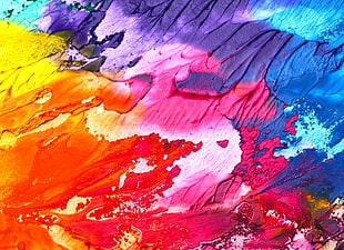 purple, blue, yellow, pink and orange abstract painting