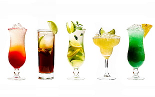 five assorted drinks HD wallpaper