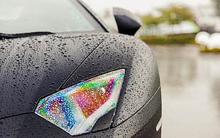 black sports coupe, car, Lamborghini, rainbows, water drops