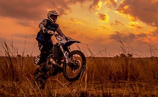 motocross rider surrounded by grasses doing stunt during golden hour photo