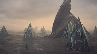 movie scene, landscape, science fiction, futuristic, pyramid HD wallpaper