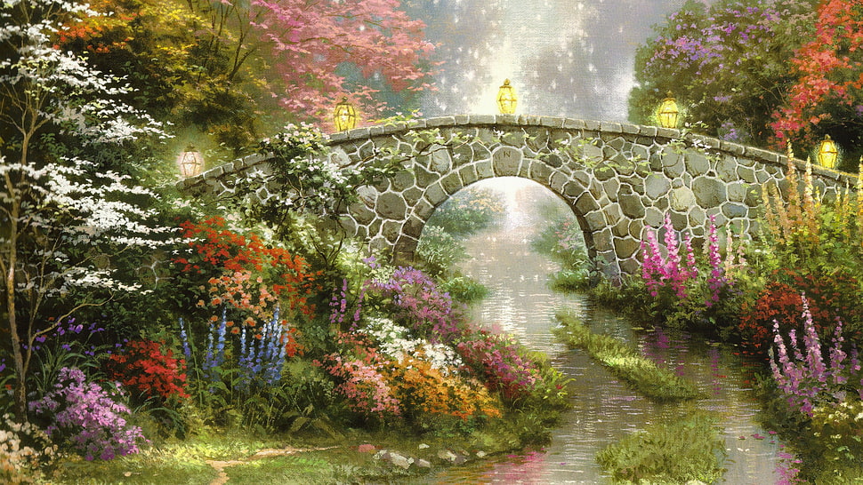 garden and bride, Thomas Kinkade, painting, bridge, flowers HD wallpaper