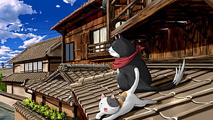 black and white cats on roof animated illustration, cat, Nyan Koi, nyamsas, anime