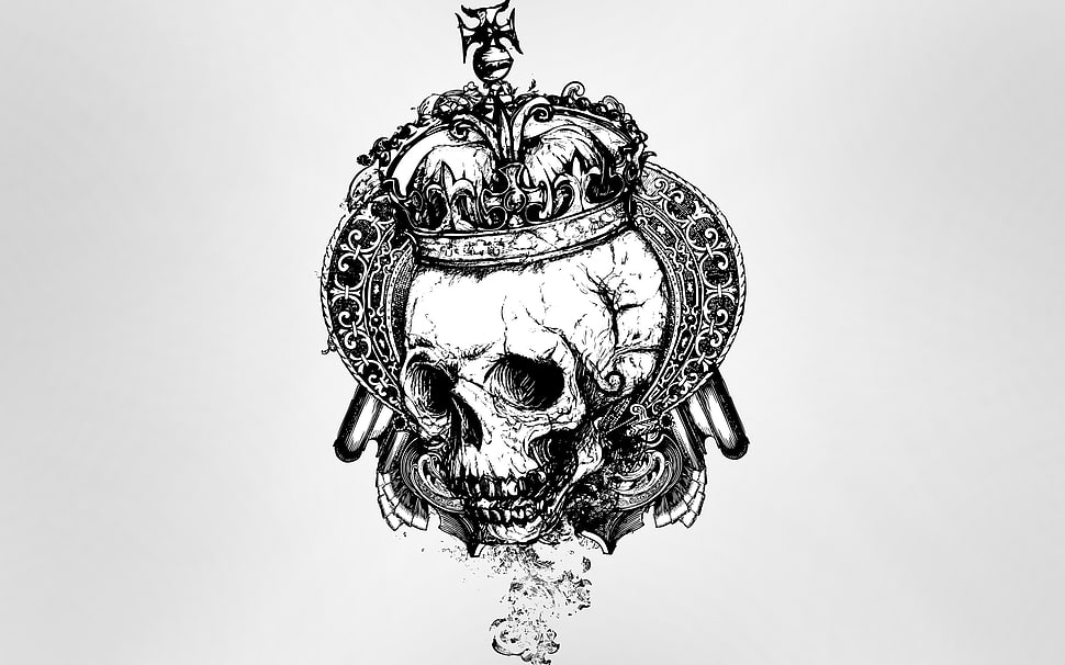 skull with crown logo, skull, gray background, vector art, crown HD wallpaper