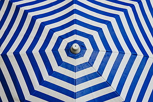 white and blue striped umbrella, umbrella, water drops, pattern HD wallpaper