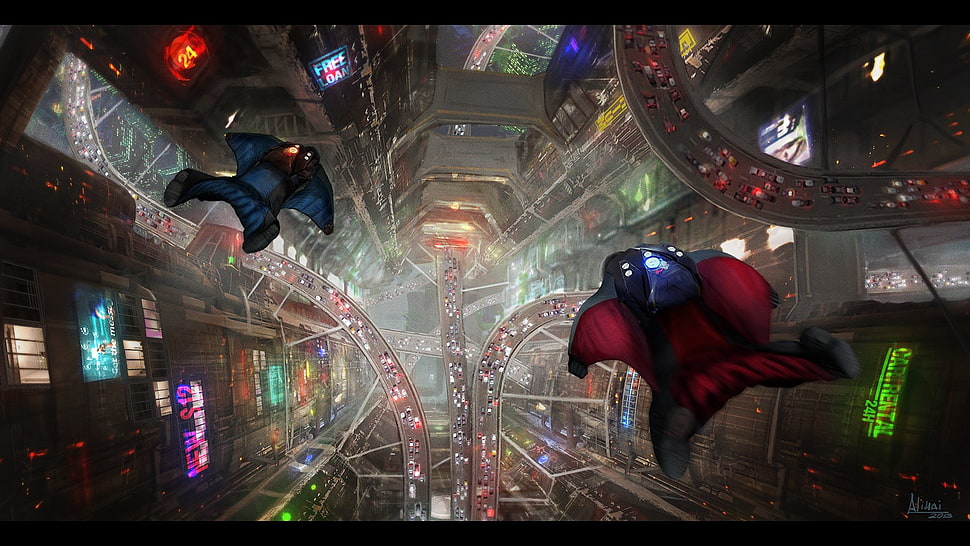 two red and blue aircraft painting, wingsuit, heights, cityscape, road HD wallpaper