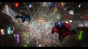 two red and blue aircraft painting, wingsuit, heights, cityscape, road