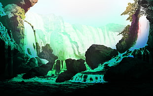 green and white waterfalls illustration, landscape, waterfall, Bit, 8-bit HD wallpaper