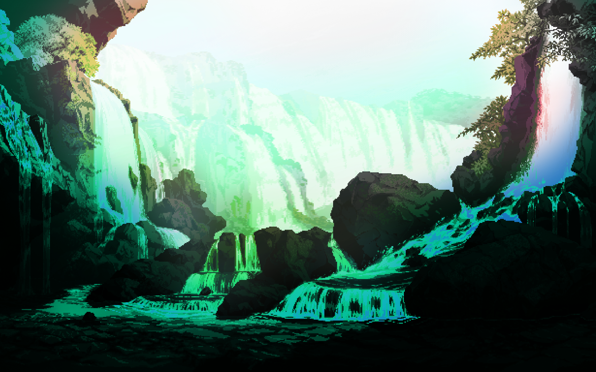 Green And White Waterfalls Illustration Landscape Waterfall Bit 8 Bit Hd Wallpaper Wallpaper Flare