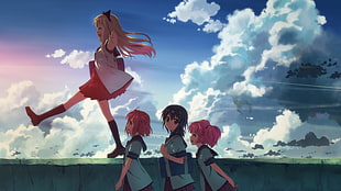 four female anime characters walking