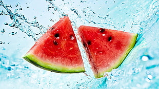 two watermelons, food, watermelons, splashes, fruit HD wallpaper