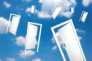 assorted wooden door flying in the sky ]