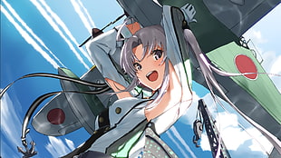 white haired girl anime character holding plane near crane illustration HD wallpaper