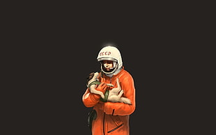 man wearing orange overalls holding puppy animated photo, astronaut, Russian, Yuri Gagarin, Laika