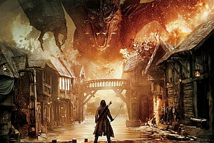 brown wooden framed painting of people, The Hobbit: The Battle of the Five Armies, dragon, Smaug, The Hobbit