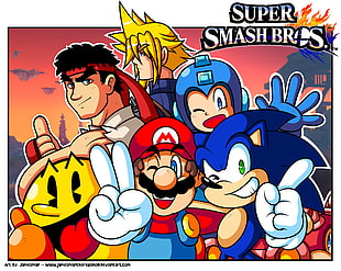 Super Smash Bros game poster, Sonic, Sonic the Hedgehog, Super Mario, Super Smash Brothers