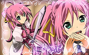 pink-haired anime character holding sword graphic wallpaper