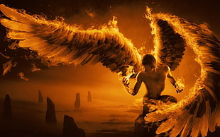 man topless with burning wings digital photo