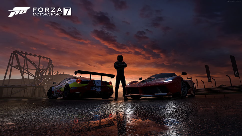 person standing between two Forza 7 sports car during sunset HD wallpaper