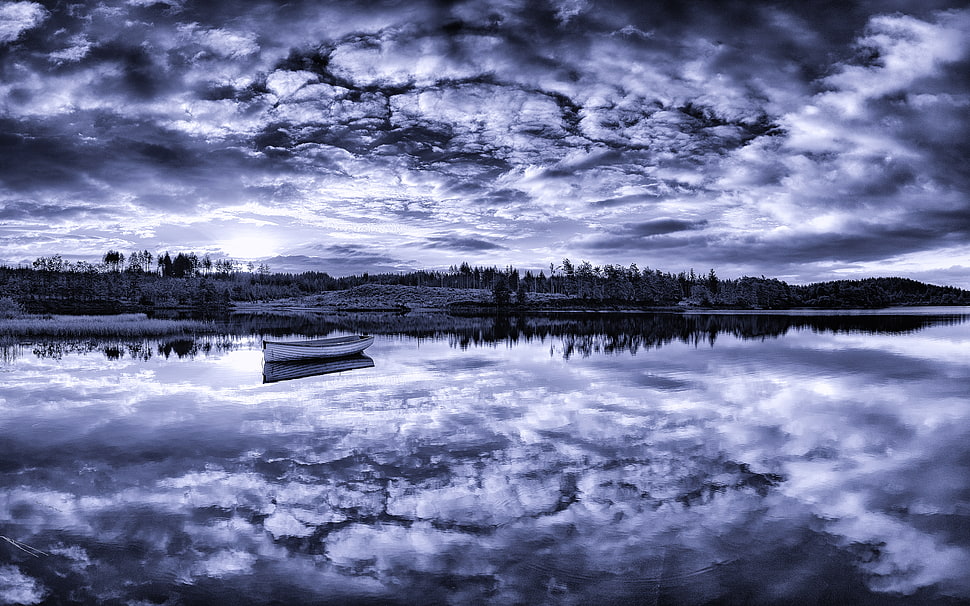 reflect photography of canoe near island under cumulus clouds HD wallpaper