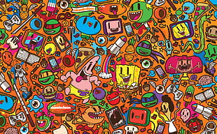 green, yellow, and red cartoon painting, Nickelodeon, caricature, SpongeBob SquarePants, Patrick Star
