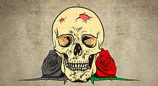 beige and red skull painting, skull, flowers, rose, artwork