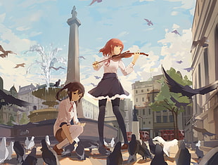 orange-haired girl playing violin anime character, Love Live!, Nishikino Maki, Yazawa Nico, twintails