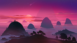 mountains illustration, artwork, illustration, mountains, sunset HD wallpaper