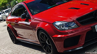 red Mercedes-Benz coupe, Mercedes-Benz C63 AMG, AMG Line HD wallpaper